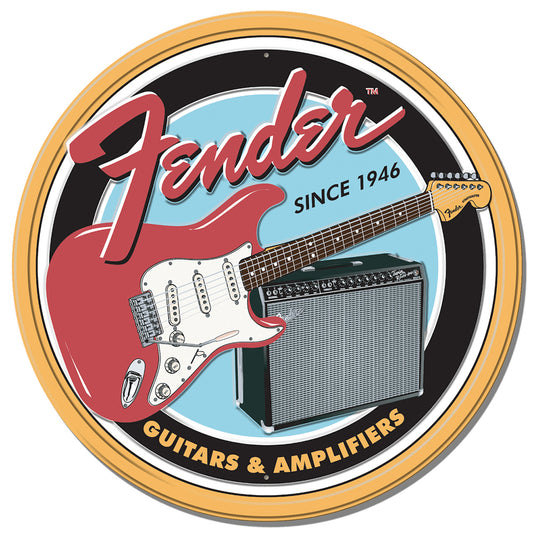 Fender logo with guitar and amplifier on a circular background