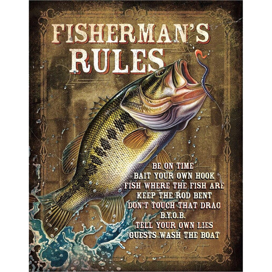 Decorative poster with a fish and 'Fisherman's Rules' text on a brown background