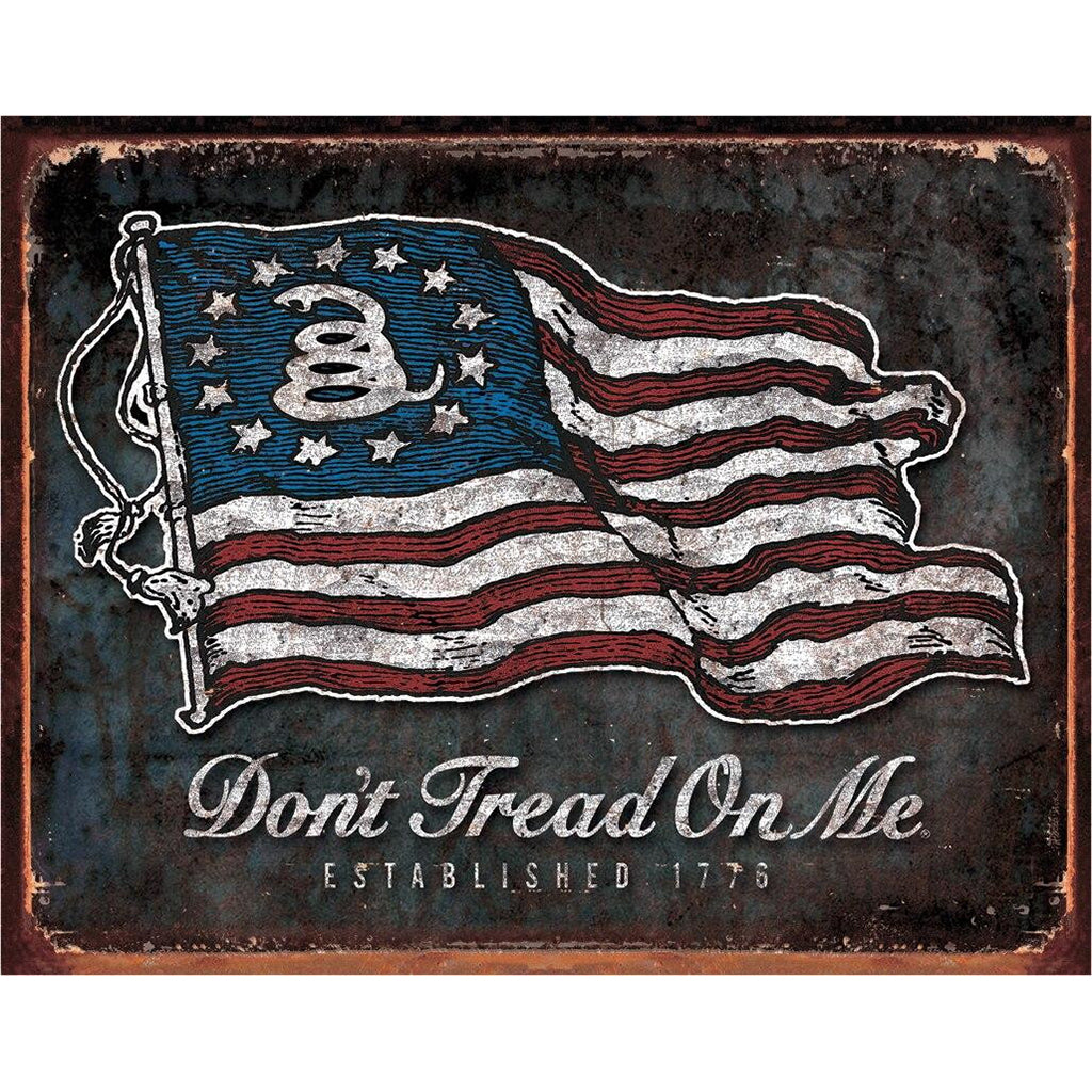 Vintage-style 'Don't Tread On Me' flag with snake emblem on a metal sign.