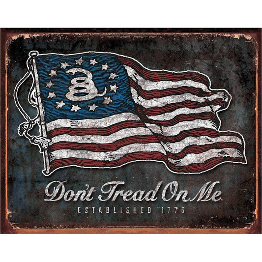 Vintage-style 'Don't Tread On Me' flag with snake emblem on a metal sign.