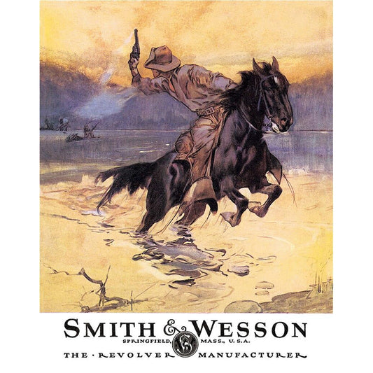 Vintage advertisement for Smith & Wesson featuring a cowboy on horseback.