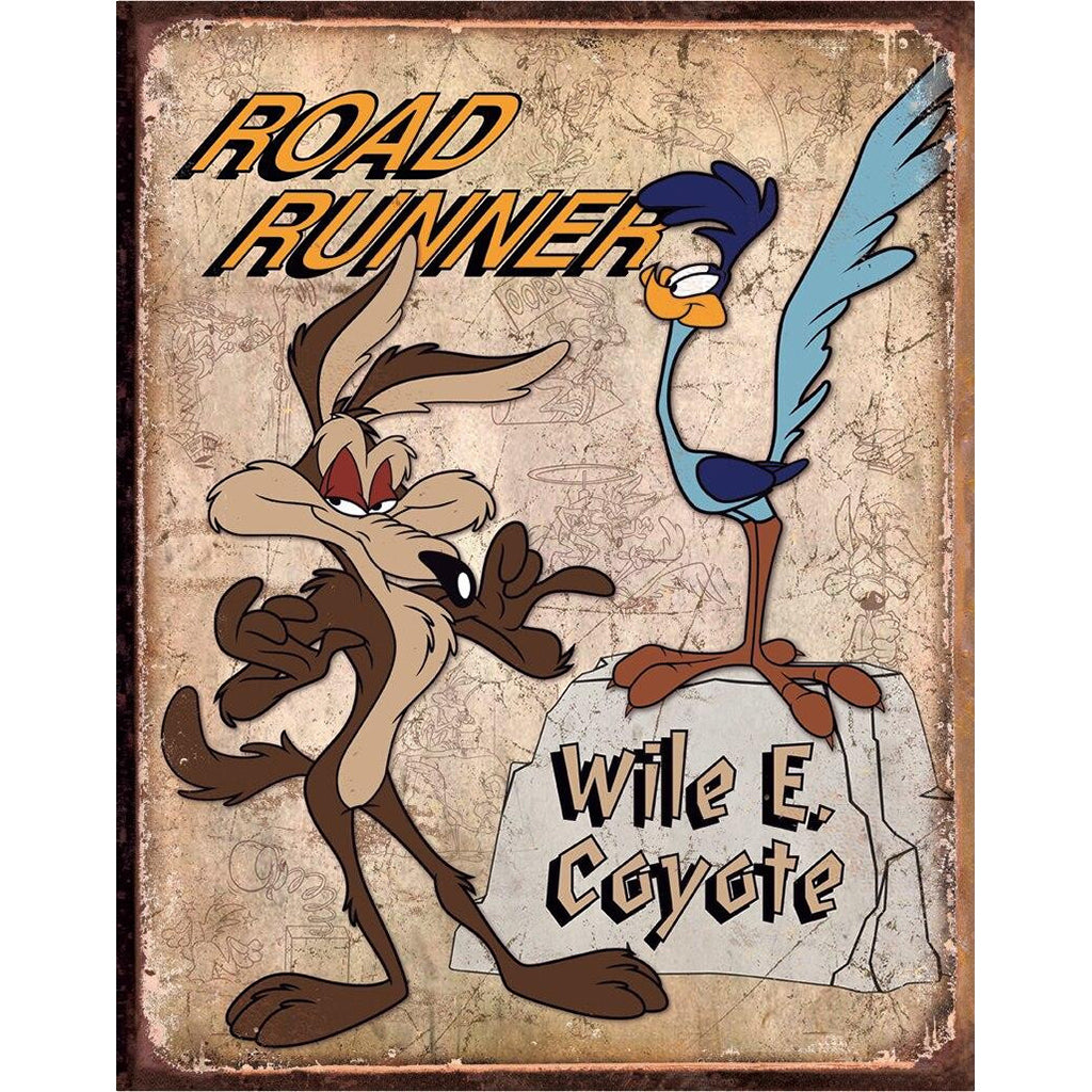 Vintage-style poster featuring Wile E. Coyote and the Road Runner with a textured background.