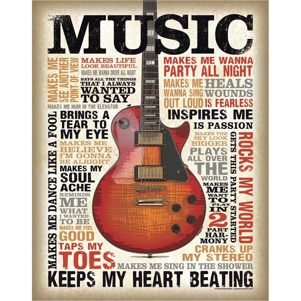 Guitar poster with motivational phrases about music on a beige background