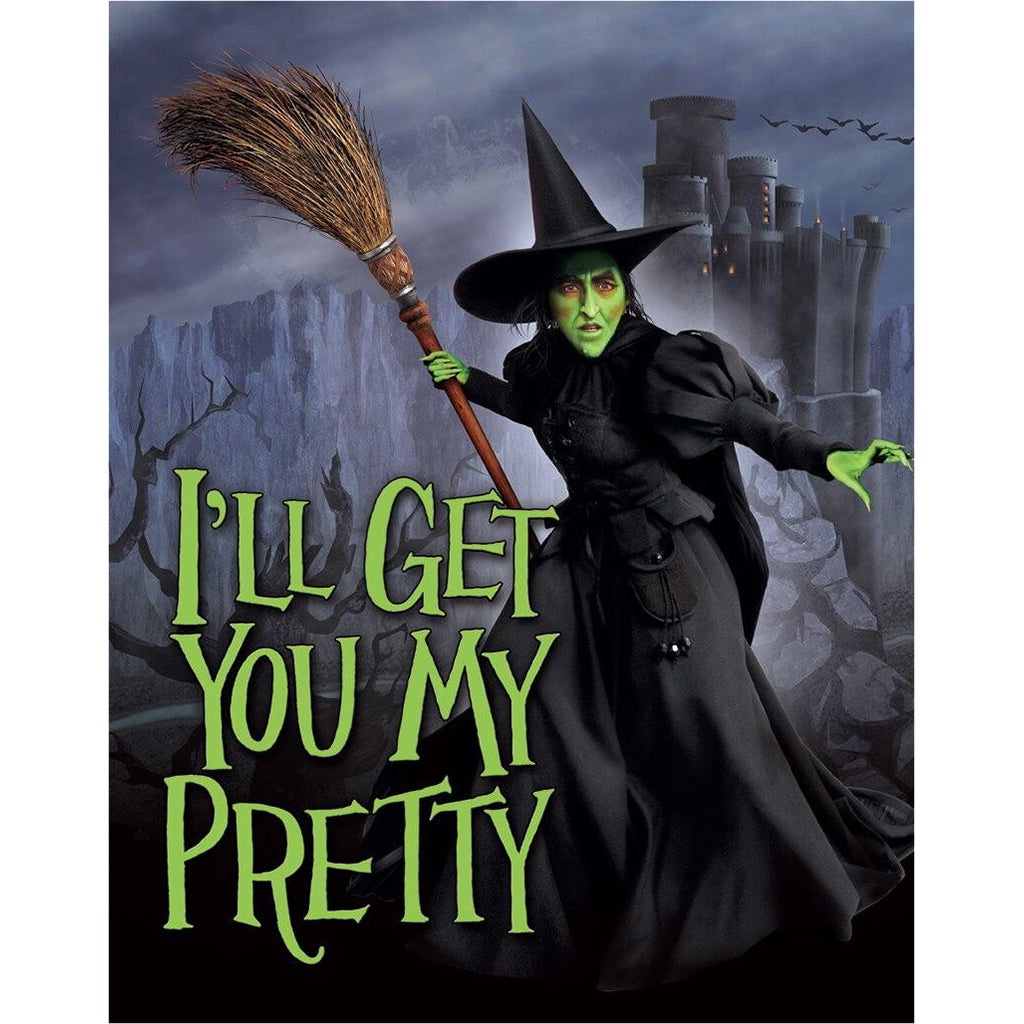 Wicked witch with a broom and castle in the background, with text 'I'll Get You My Pretty'.