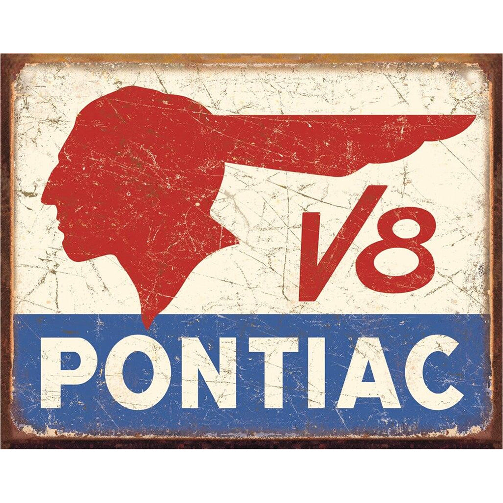Vintage-style Pontiac V8 logo with red silhouette and blue stripe on a textured background