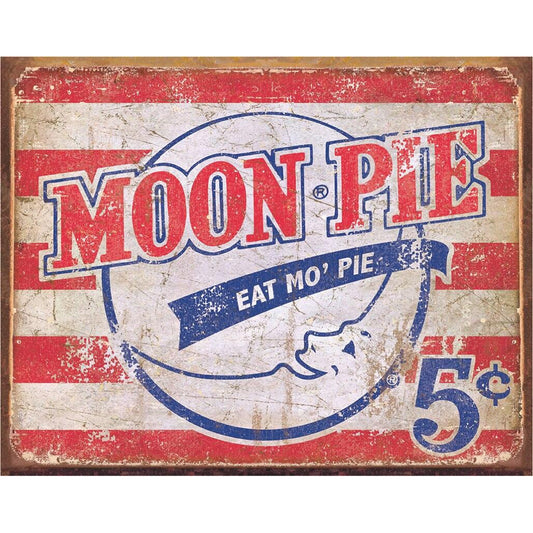 Vintage-style sign with 'Moon Pie' branding and promotional text.