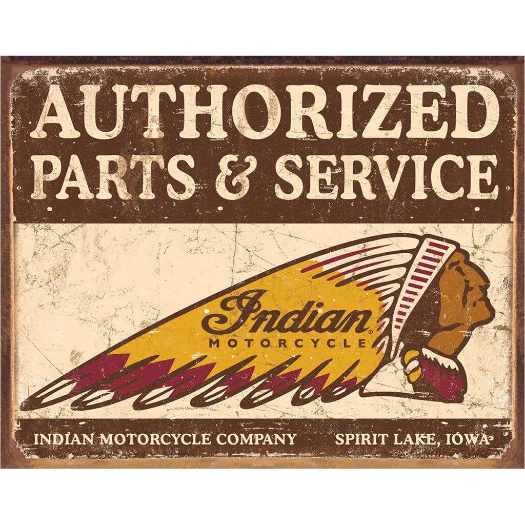 Vintage-style sign for Indian Motorcycle parts and service with a stylized head design.
