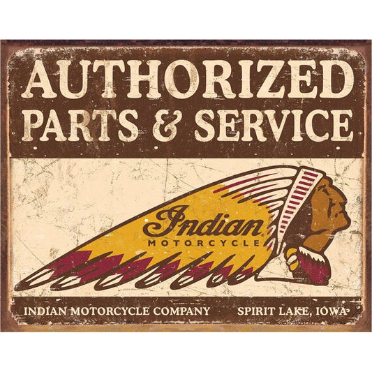 Vintage-style sign for Indian Motorcycle parts and service with a stylized head design.