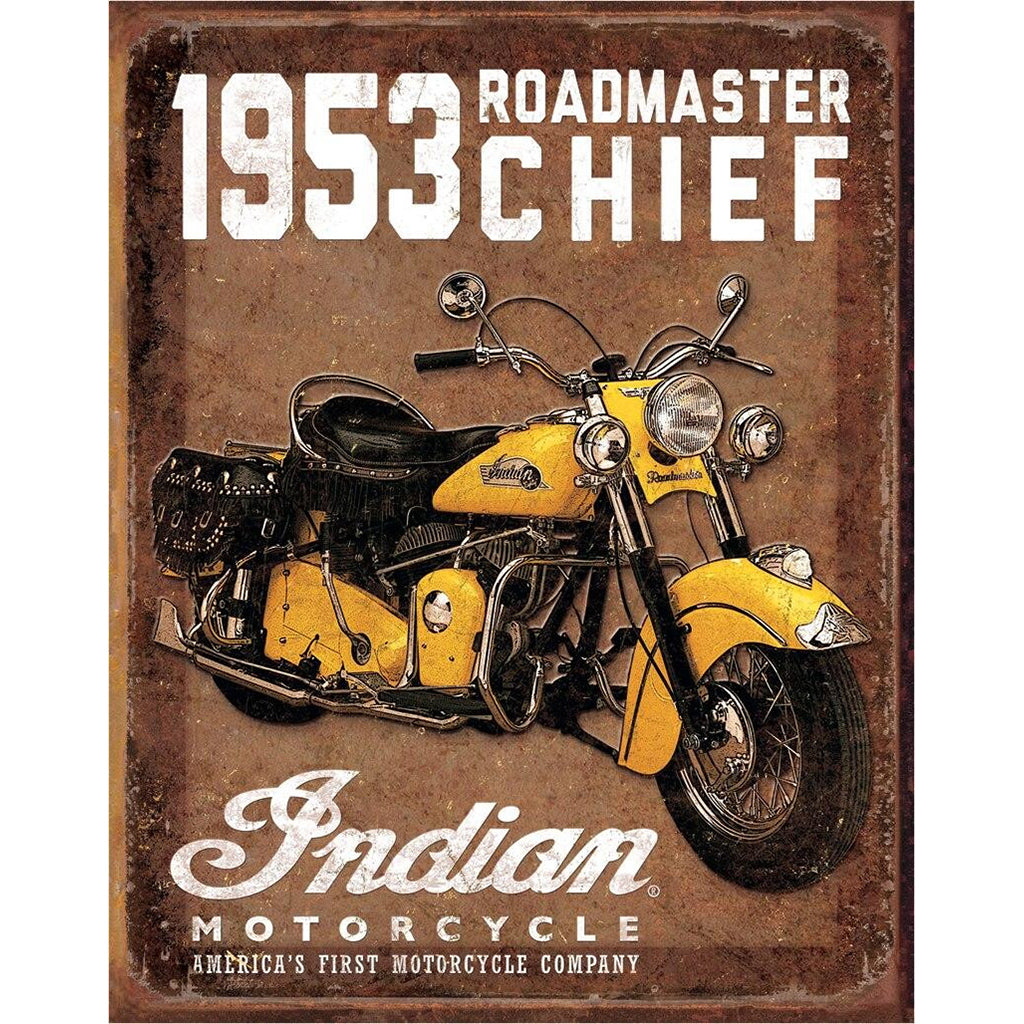 Vintage-style sign featuring a yellow Indian Motorcycle with text '1953 Roadmaster Chief' on a brown background.