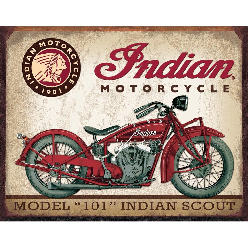 Vintage-style advertisement for Indian Motorcycle featuring a red Model '101' Indian Scout.