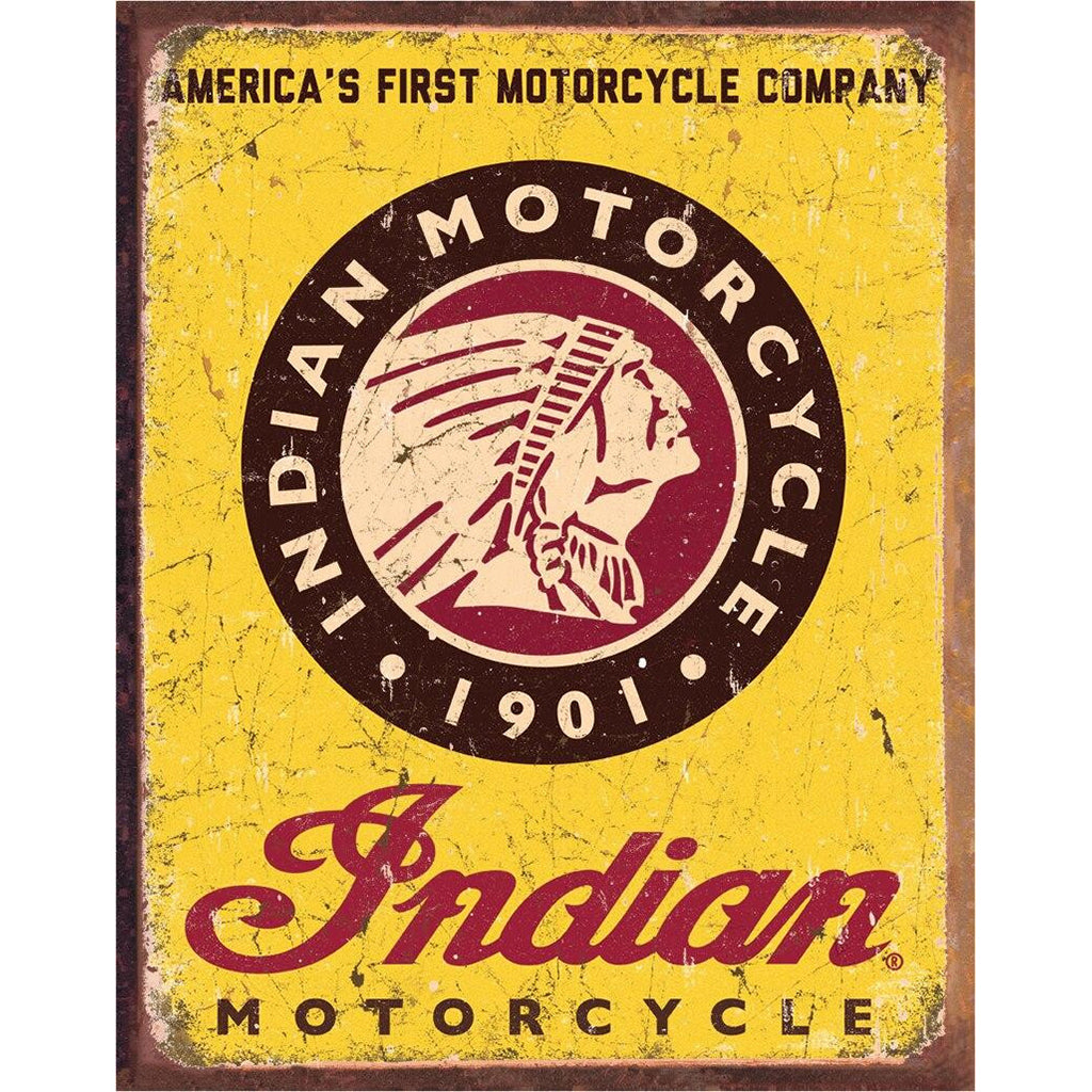 Vintage-style sign with Indian Motorcycle logo and text on a yellow background
