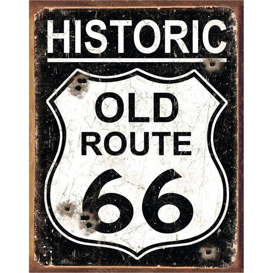 Vintage-style sign with 'Historic Old Route 66' text on a black background