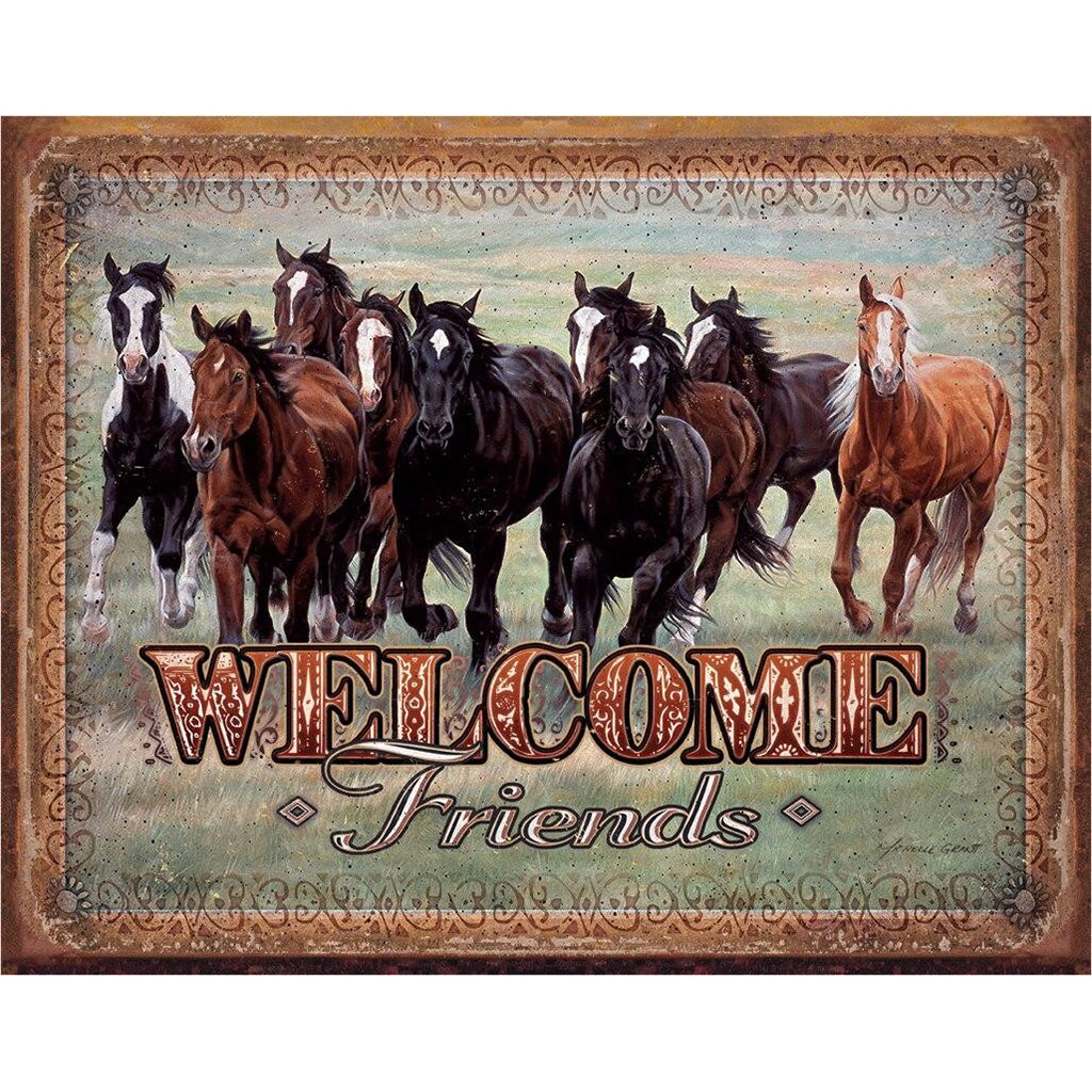 Decorative sign with horses and 'Welcome Friends' text on a rustic background