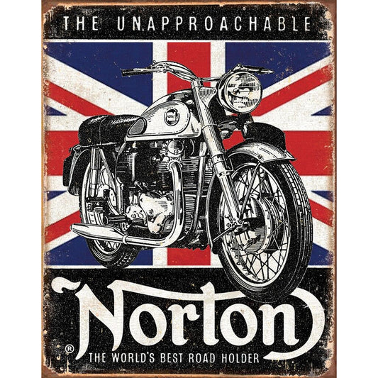 Vintage-style sign with Norton motorcycle design on a Union Jack background
