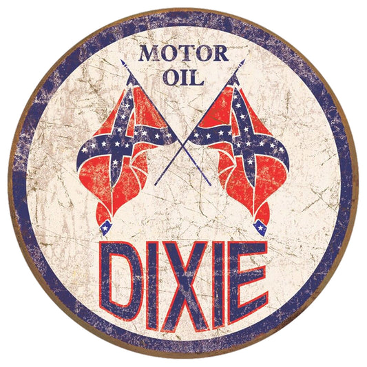 Vintage-style 'Dixie Motor Oil' sign with crossed flags on a white background