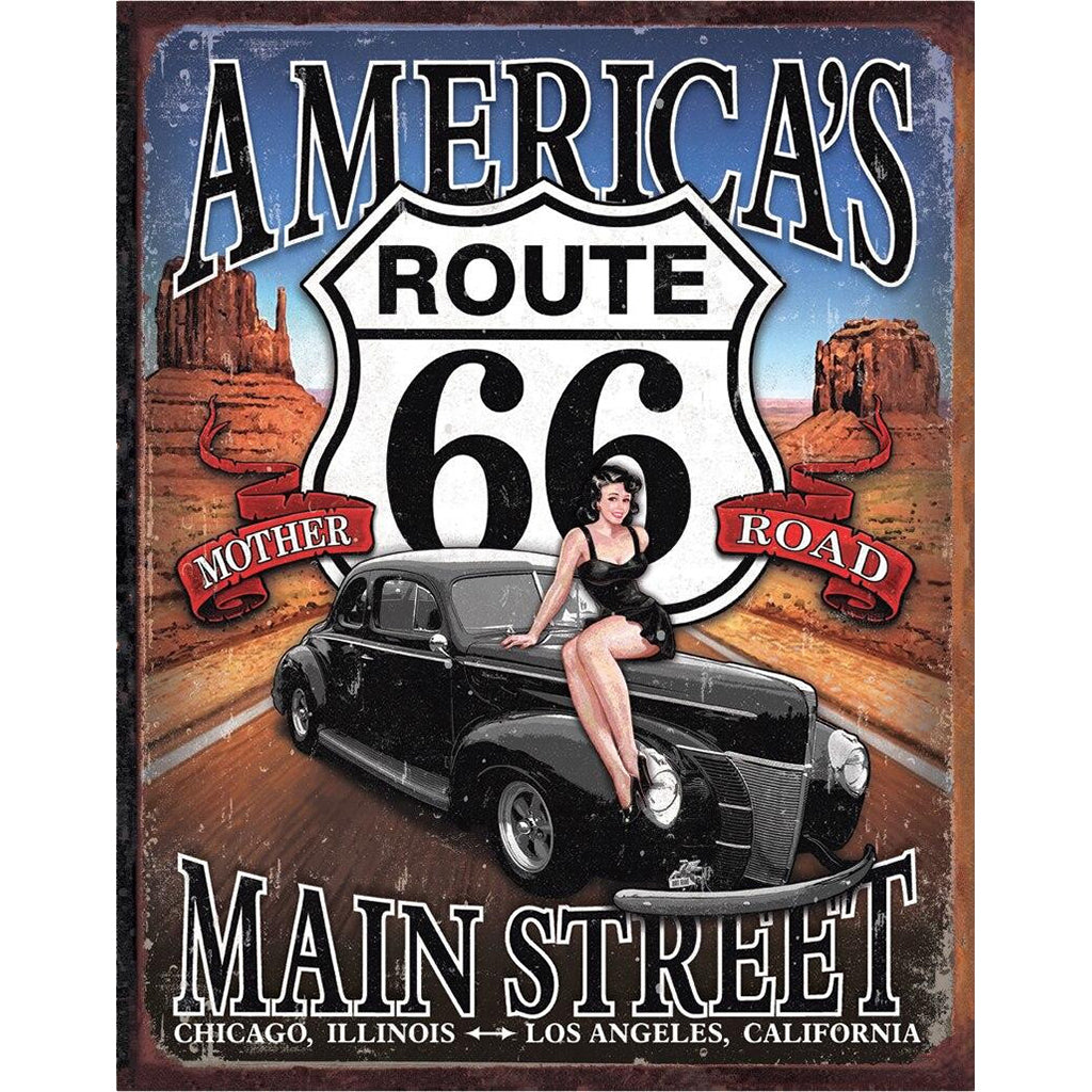 Vintage-style sign featuring Route 66 with a car and a woman on it.