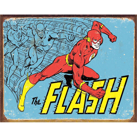 Vintage-style poster of The Flash running with a blue background