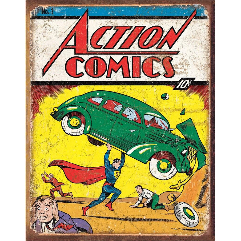 Vintage-style comic book cover with a superhero lifting a car, featuring the title 'Action Comics'.