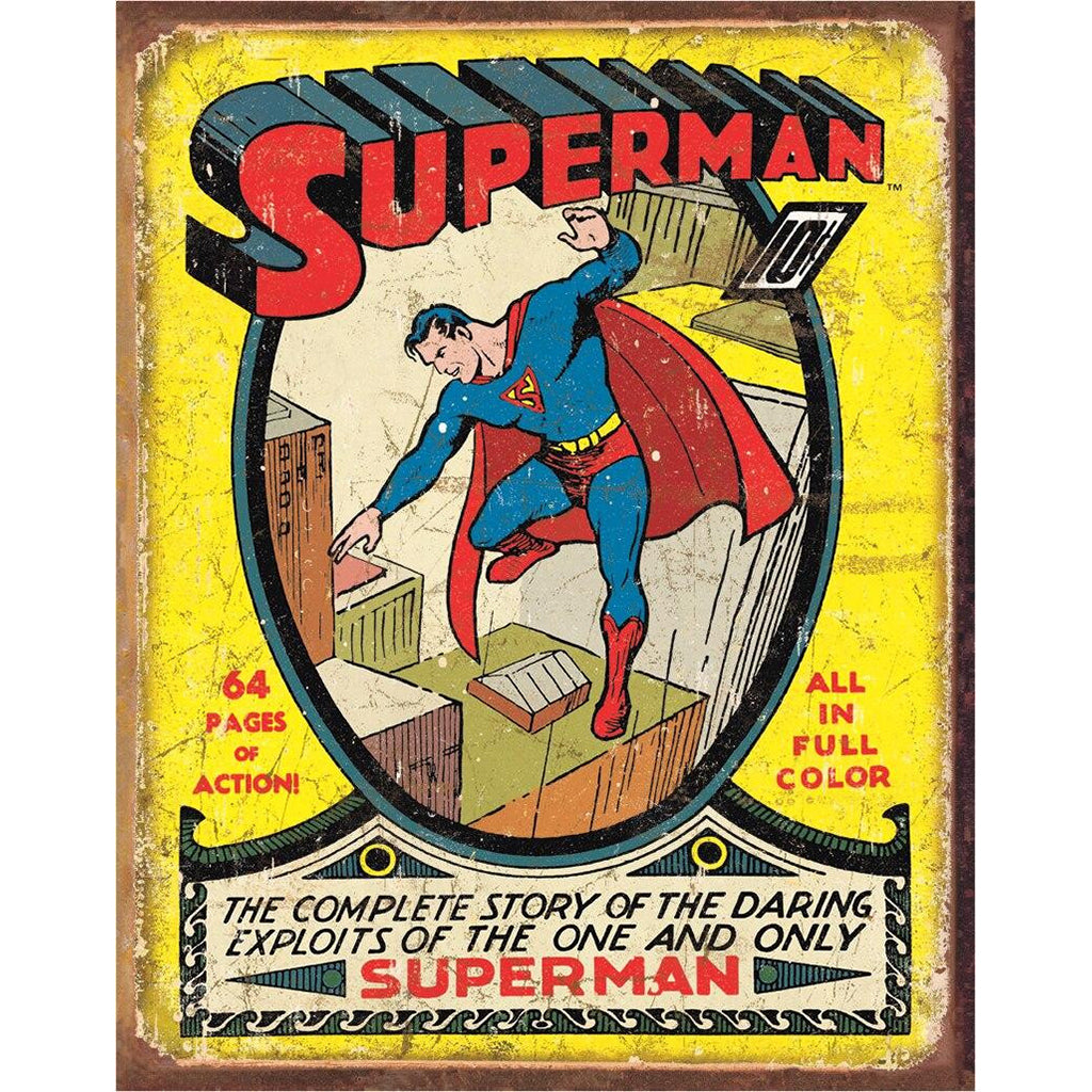 Vintage-style Superman comic book cover with bold text and dynamic design.