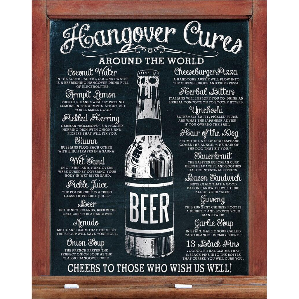 Chalkboard with humorous list of hangover cures, featuring a bottle of beer.