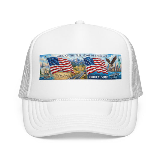 Patriotic American Flag Foam Trucker Hat — "Land of the Free, Home of the Brave"