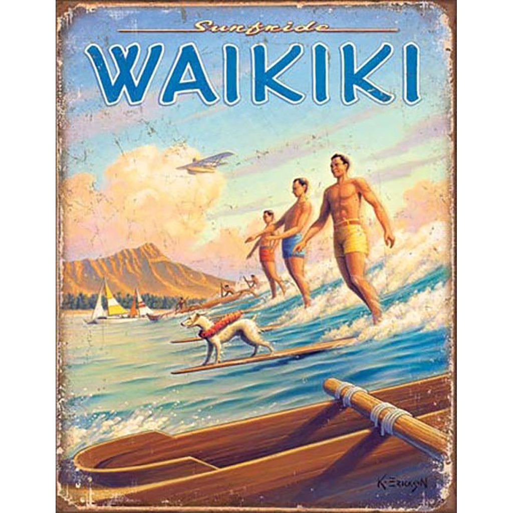 Vintage-style poster of people surfing with a mountain in the background, featuring the word 'Waikiki'.