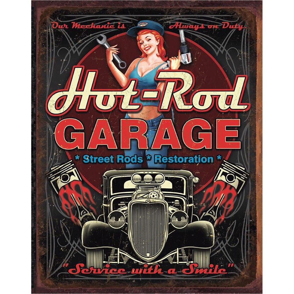 Vintage-style sign for a hot-rod garage with a woman holding tools and a classic car.