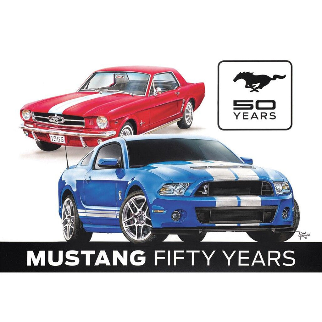 Two Mustang cars, one red and one blue with white stripes, on a white background with 'Mustang Fifty Years' text and logo.