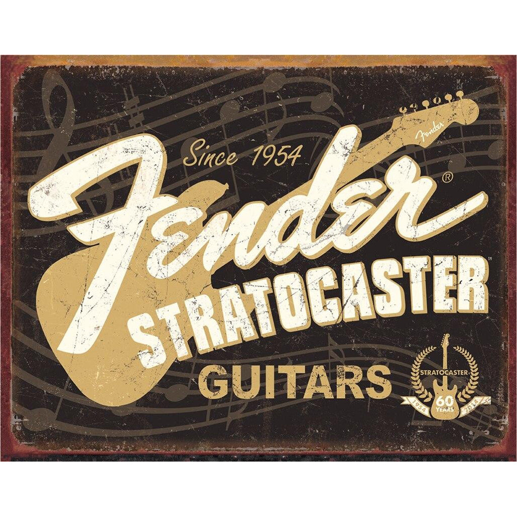 Fender Stratocaster guitars logo with vintage design on a black background