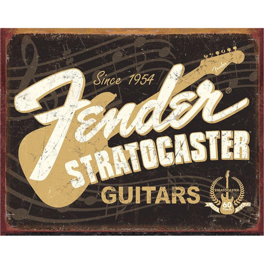 Fender Stratocaster guitars logo with vintage design on a black background