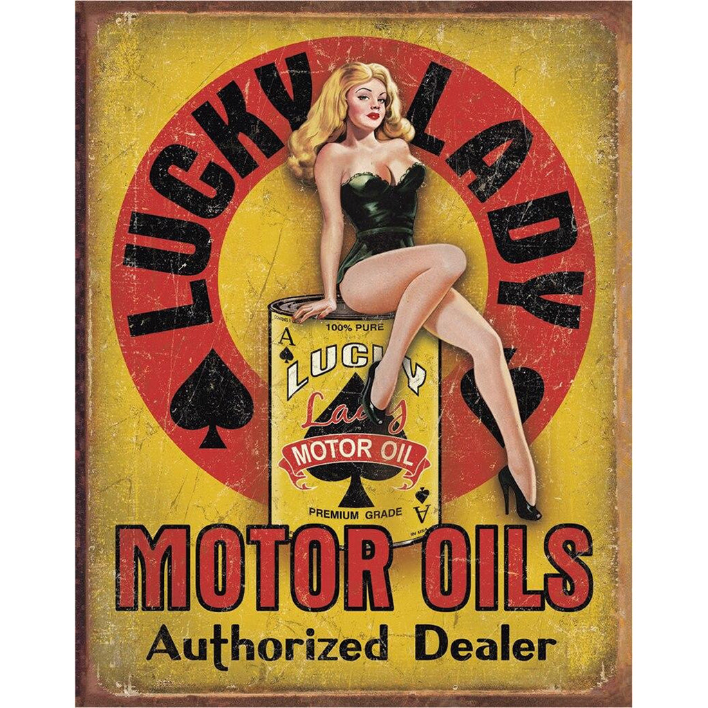 Vintage-style Lucky Lady Motor Oils advertisement with a woman and motor oil can on a yellow background.