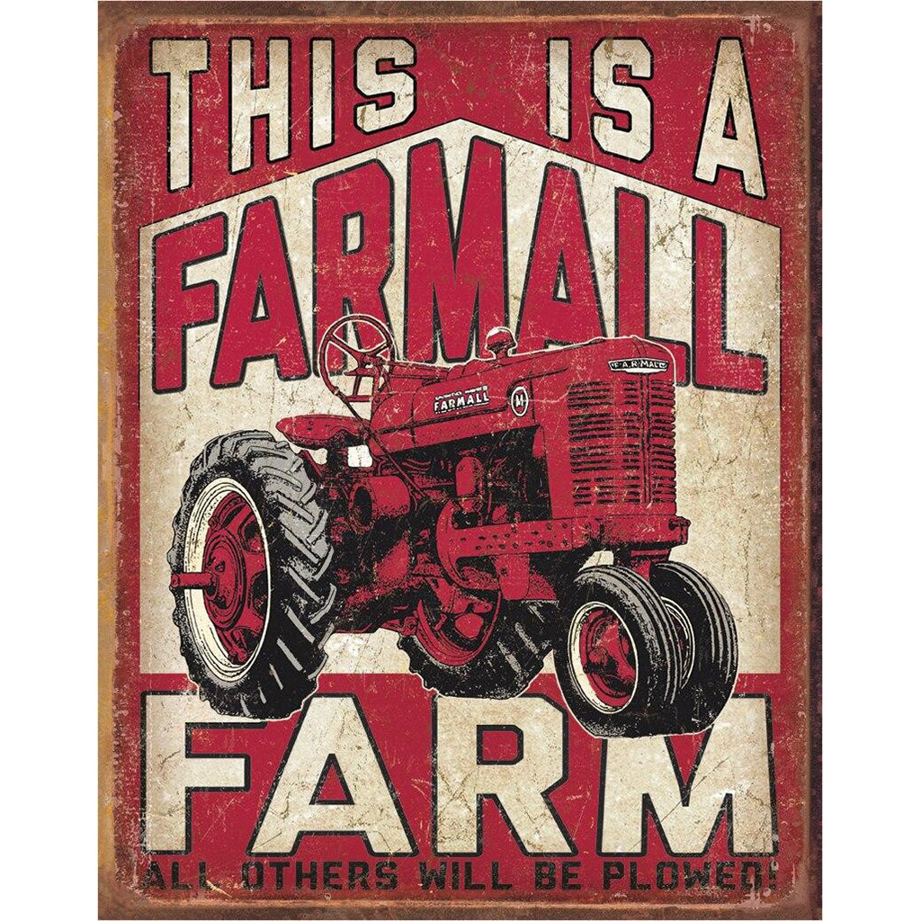 Vintage-style sign with a red Farmall tractor and text on a beige background