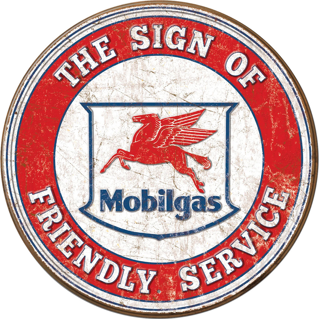 Round Tin Sign for Mobilgas in Red White and Blue Colors with a Weathered Look on a White Background
