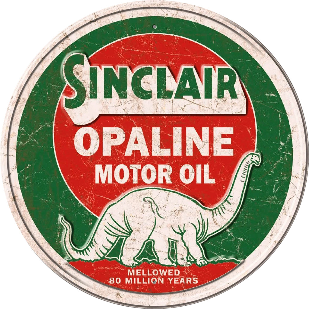 Round Tin Sing in Green, Red and White with a Weathered Look for Sinclair Opaline Motor Oil on a White Background