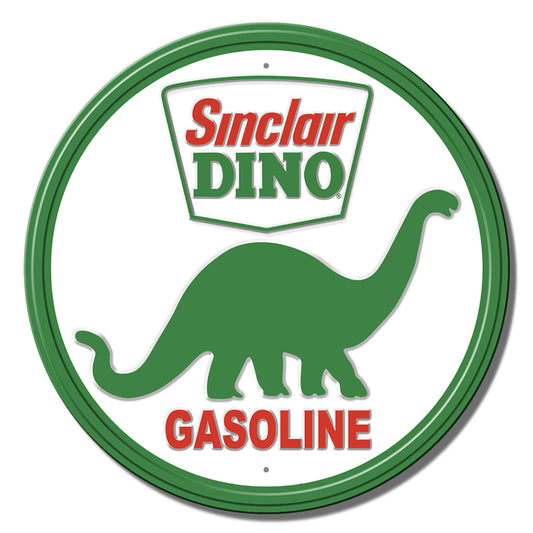 Sinclair Dino Gasoline sign with a green dinosaur graphic on a white background