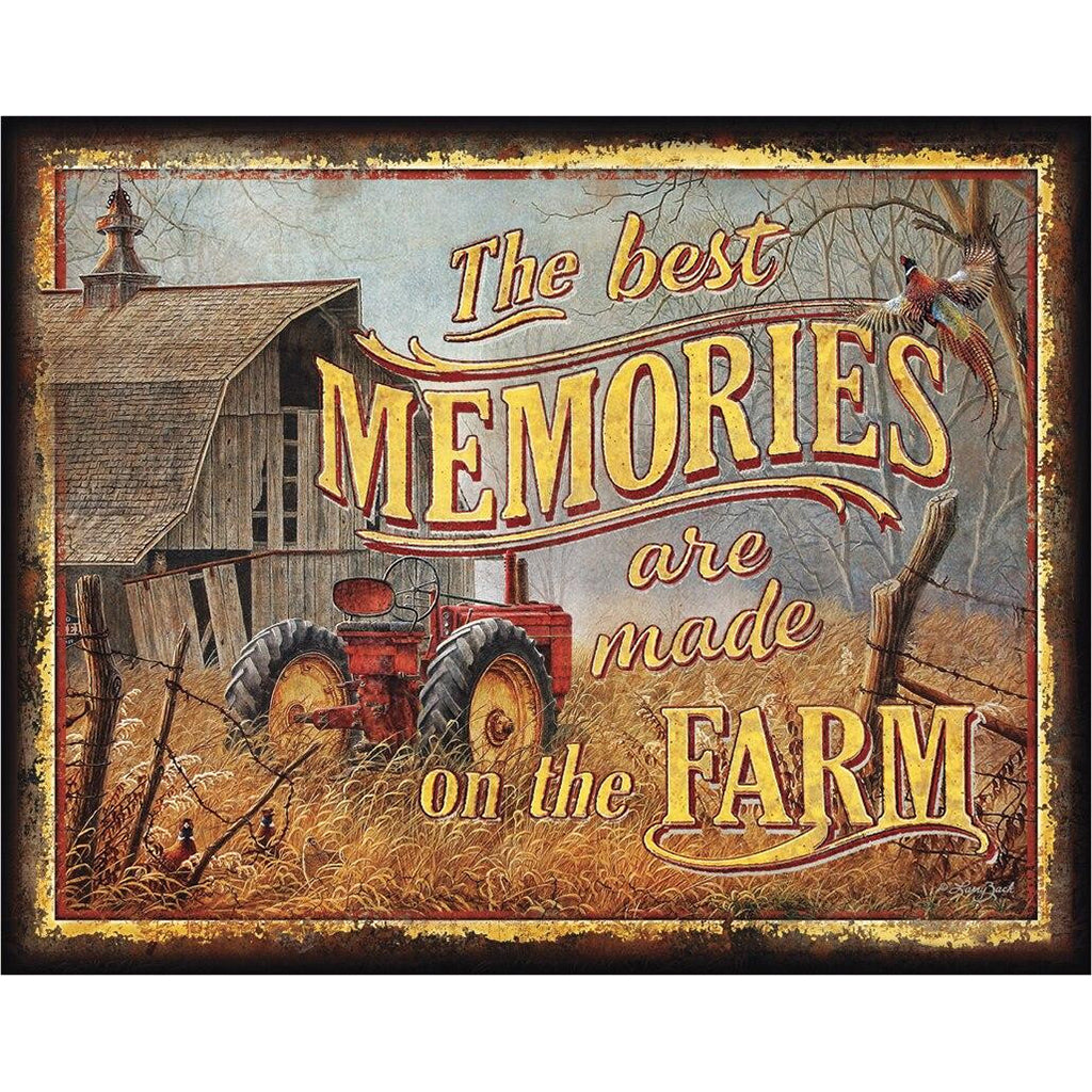 Decorative sign with a barn and tractor illustration and text 'The best memories are made on the farm'.