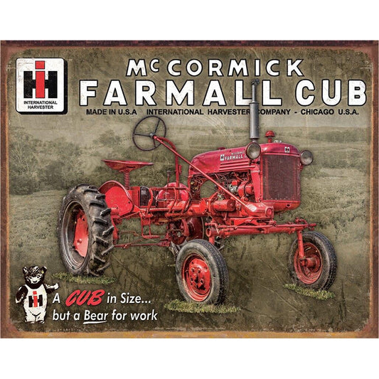 Vintage-style advertisement for McCormick Farmall Cub tractor with red tractor illustration.