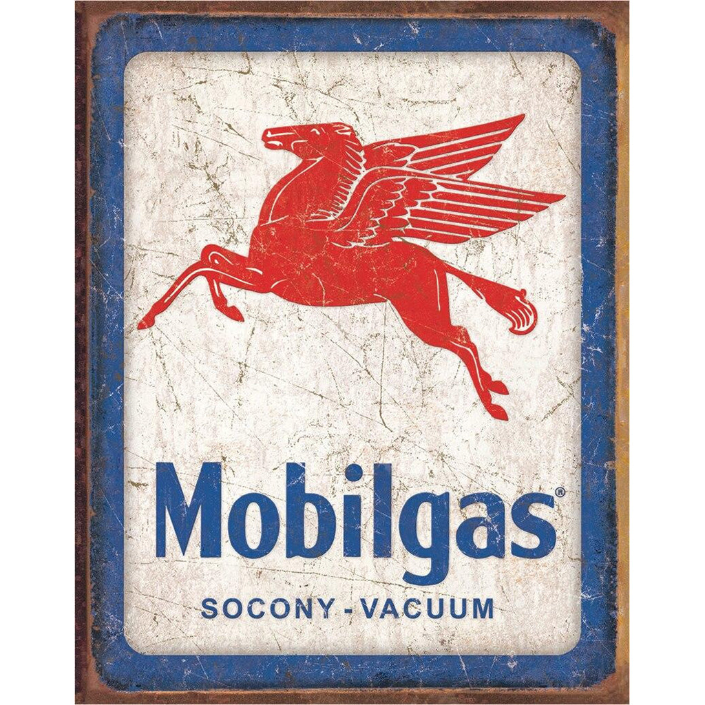 Vintage Mobilgas sign with a red winged horse logo on a textured background