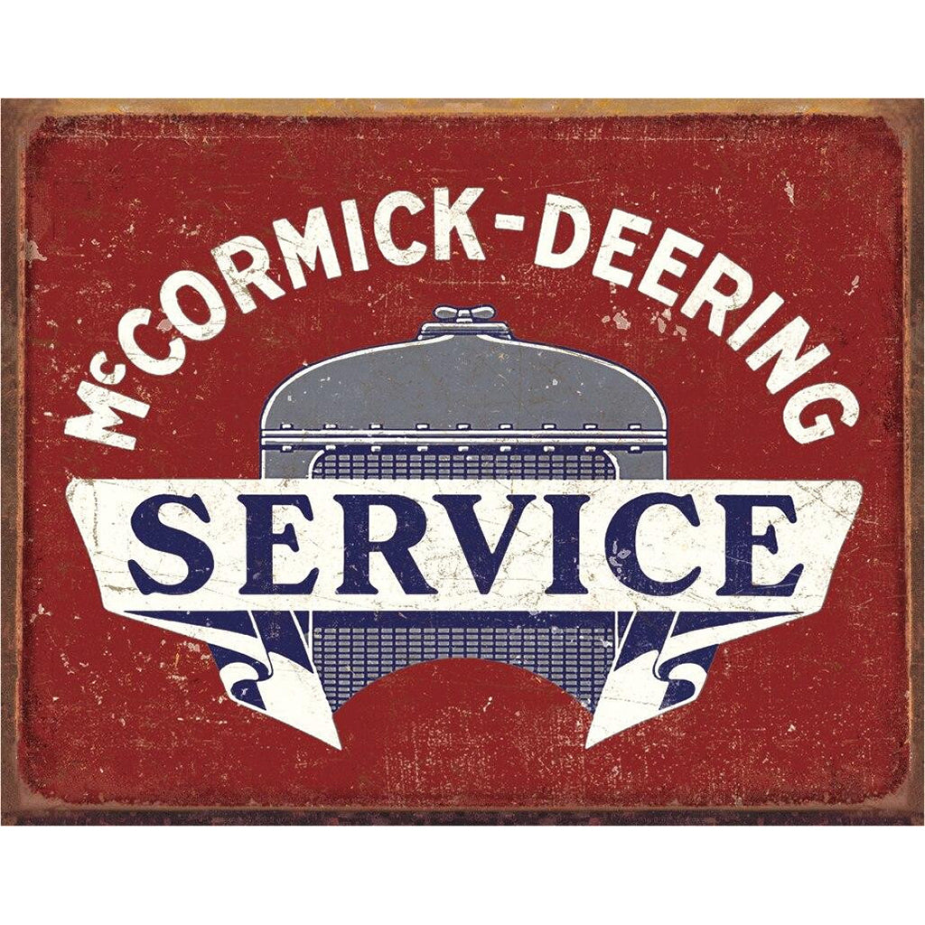 Vintage-style sign with 'McCormick-Deering Service' text on a red background