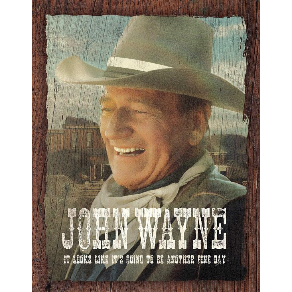 Vintage-style poster of John Wayne with a western scene in the background