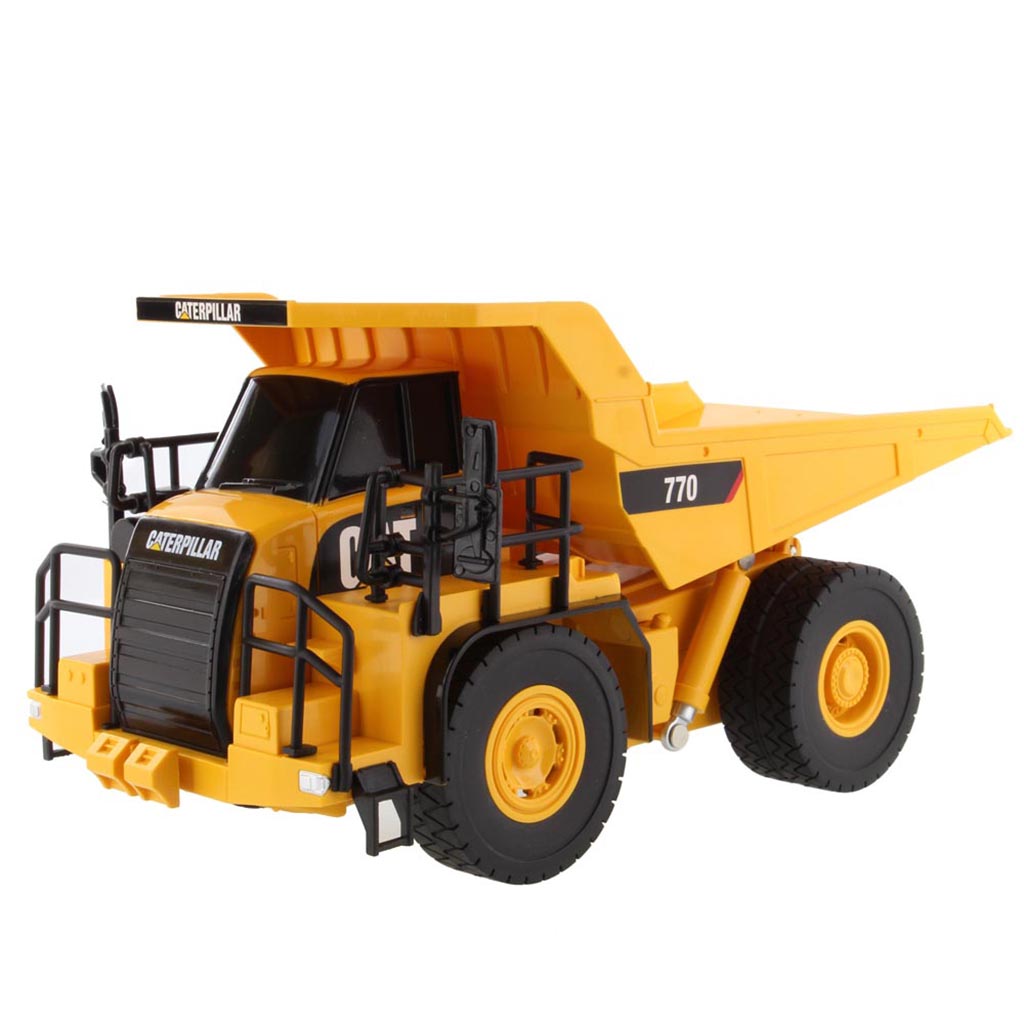 Toy Remote Controlled Yellow and Black Caterpillar 770 Dump Truck on a White Background