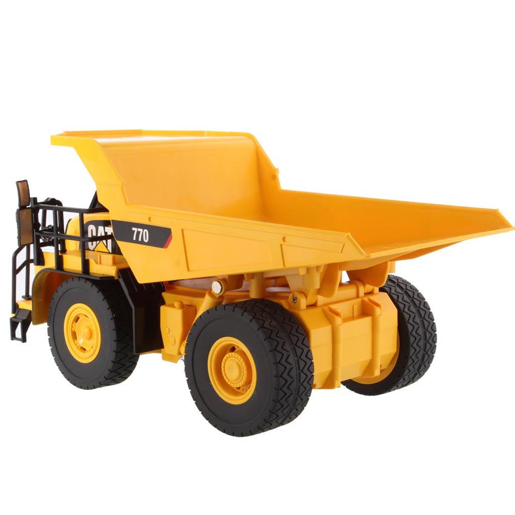 Toy Remote Controlled Yellow and Black Caterpillar 770 Dump Truck on a White Background