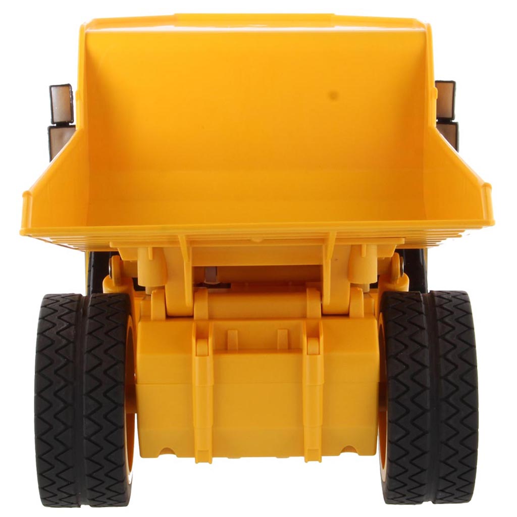 Toy Remote Controlled Yellow and Black Caterpillar 770 Dump Truck on a White Background