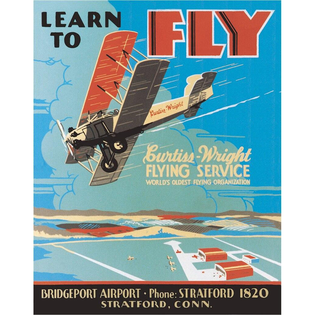 Vintage-style advertisement for Curtiss Wright Flying Service with an airplane and text on a blue background.