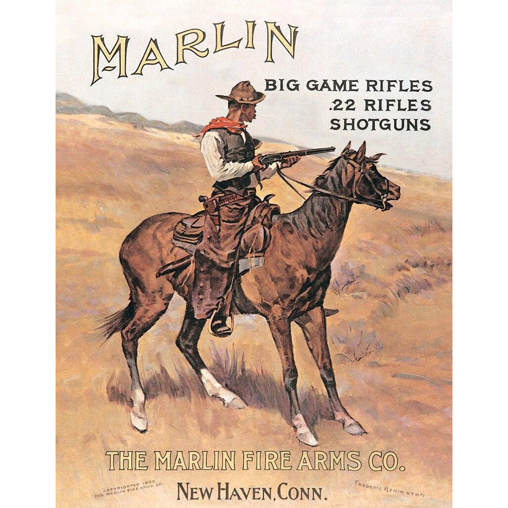 Vintage advertisement for Marlin firearms featuring a cowboy on horseback.