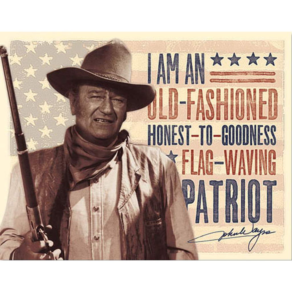 Vintage-style image of a man in a cowboy hat with text and an American flag in the background.