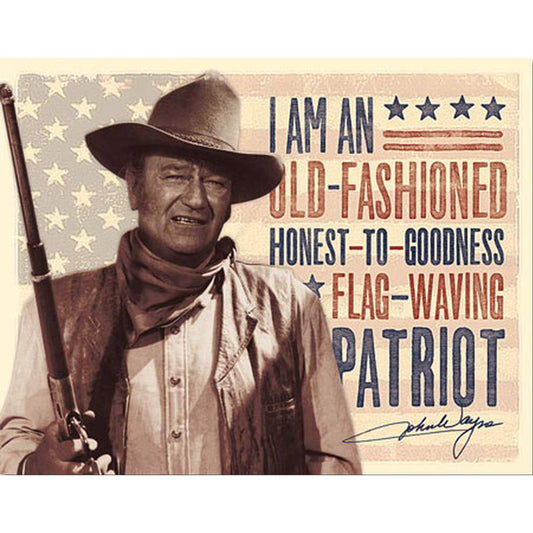 Vintage-style image of a man in a cowboy hat with text and an American flag in the background.