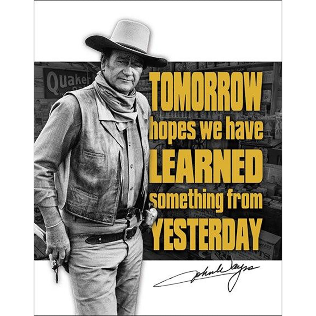 Black and white photo of a person in cowboy attire with a motivational quote in yellow text on a dark background.