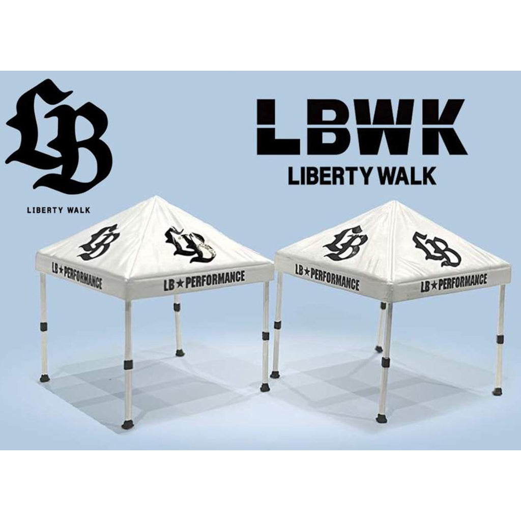 Two white tents with Liberty Walk branding on a light blue background
