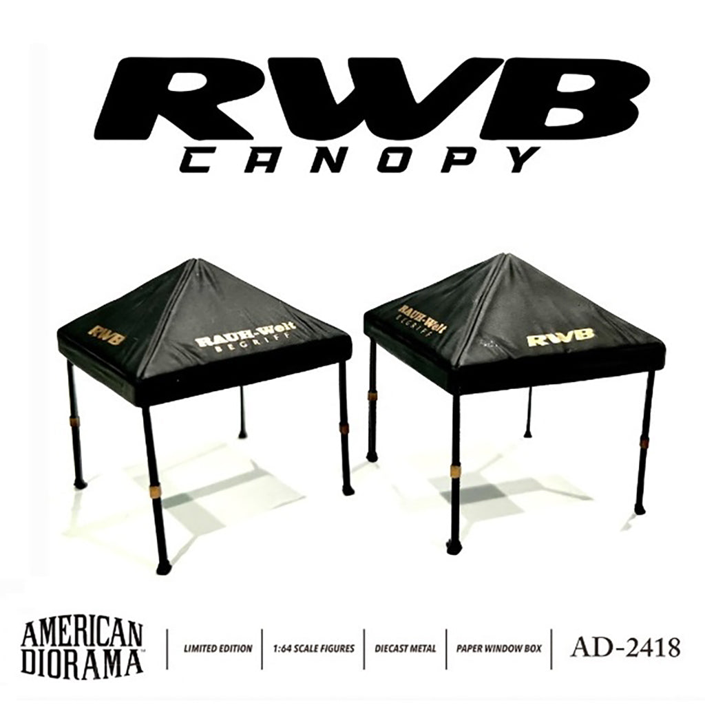 Two black canopies with 'RWB' branding on a white background, featuring American Diorama logo.